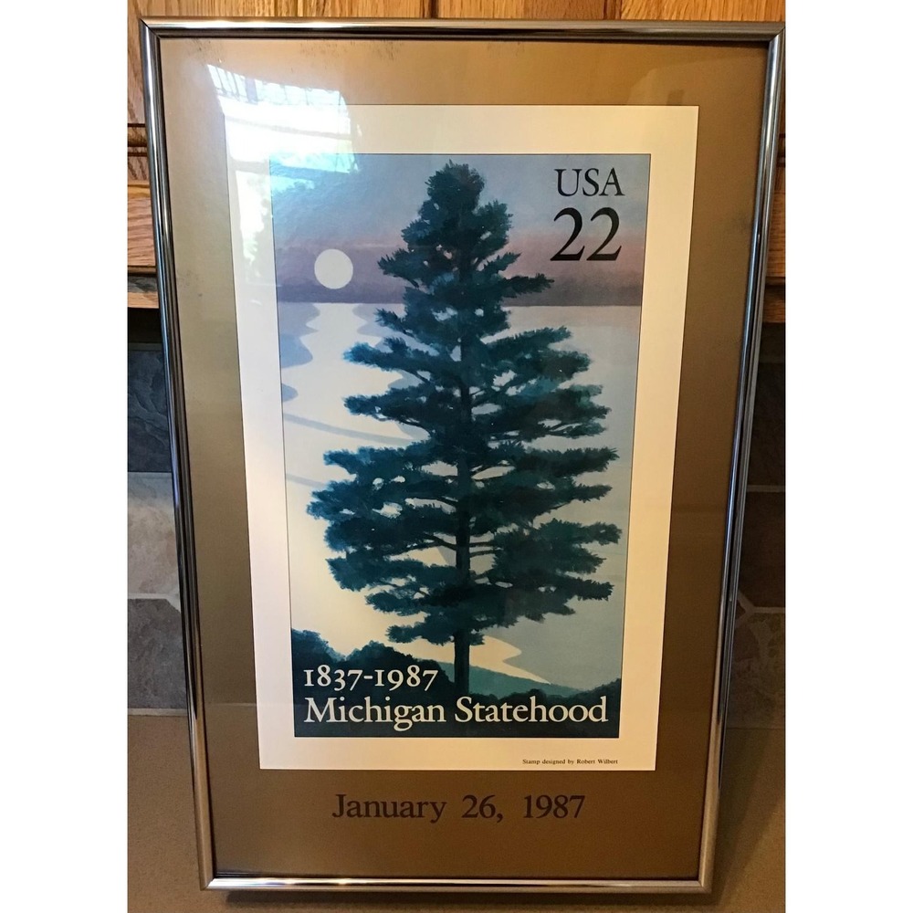Michigan Statehood 1837-1987 Framed Poster Wall Art Enlarged 22 Cent Stamp Art